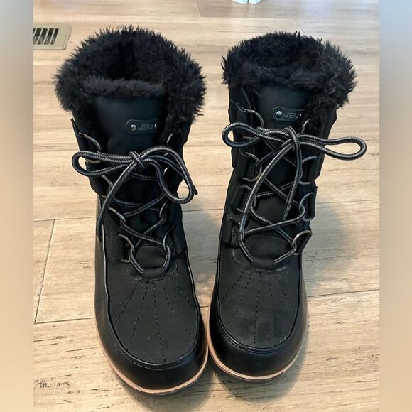 JBU black  lined with faux fur lace up black winter weatherproof ankle boots 8 - Picture 1 of 6